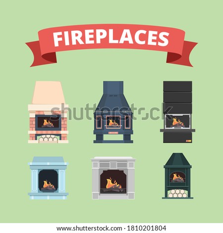 Fireplace. Retro gas stove flame decoration in interior vector flat pictures fireplaces