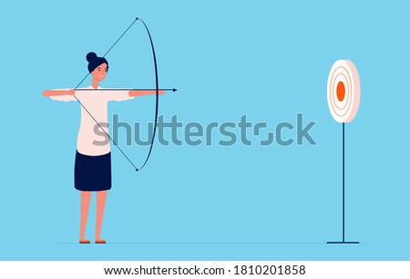 Target goal. Business woman shooting with bow and arrow, successful lady. Girl investor or project manager vector character
