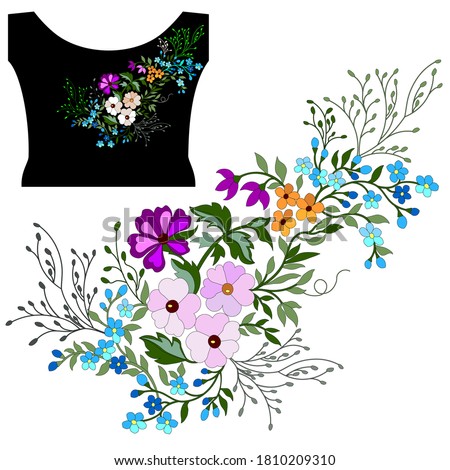 Black blouse, pink, purple, violet, lilac geraniums, blue wildflowers, gray herb twigs, green leaves, hand-drawn for embroidery on neckline blouse or dress, vector on a white background