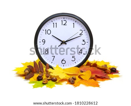 Autumn leaves and alarm clock isolated on white background. Fall time.