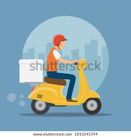 Delivery man riding motorcycle, Tower background, Send order package to customer, Express delivery bike service, Flat design vector illustration