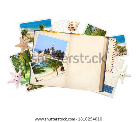 Travel concept. Opened book with empty pages, vintage photos, retro postcard, label, starfish and shell. On white background. Mock up template. Copy space for text