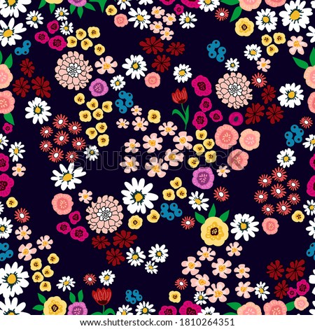 Cute summer flowers on black background. Seamless vector pattern. Vintage print with  inflorescences. Retro textile collection.