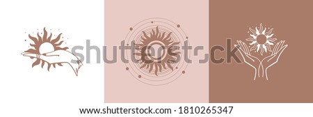 Set of mystical logos with the sun. The hand holds the sun. Set of vector drawings for tattoo, boho design, astrology, horoscope. Black doodle illustration Royalty-Free Stock Photo #1810265347