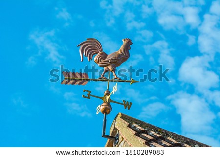 Copper cockerel, rooster or chicken weather vane on a farm with blue sky background Royalty-Free Stock Photo #1810289083