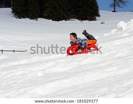 young boy comes down with the red sled in the mountains on the white snow