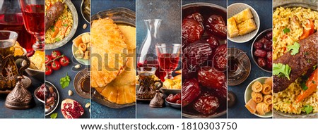 Collage of different Middle Eastern food set. Assortment of various Arab traditional dishes and sweets as meat kebab, pilaf, dates, hummus, baklava, Turkish tea. Concept banner or template 
