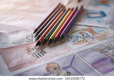 Video Pre-production for film movie storyboard concept : Color pencil drawing story board animation comic carton, design creative scene layout at studio. Behind process work before production films