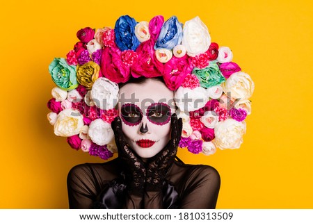 Close-up portrait of her she nice glamorous beautiful lady Santa Muerte touching white face makeover body art voodoo isolated bright vivid shine vibrant yellow color background