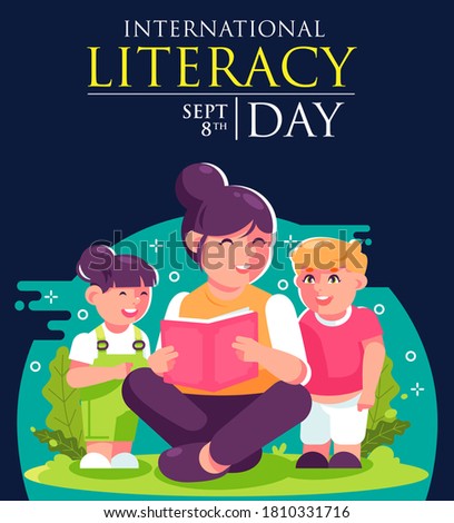 International Literacy Day greeting card illustration-teacher or mother with children-teaching-holding a book-girl and boy listening and learning