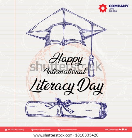 International Literacy Day greeting card illustration-simple line art design-degree cap-creative concept for Literacy education holiday.