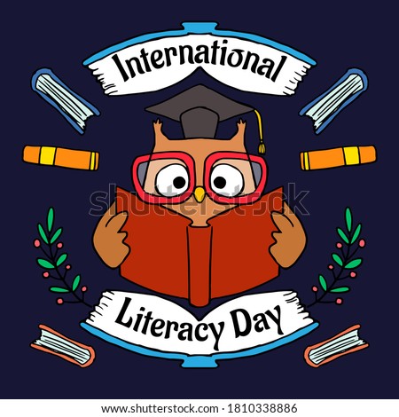 International Literacy Day greeting card illustration-owl reading a book-orange -dark blue background-creative concept for Literacy education holiday