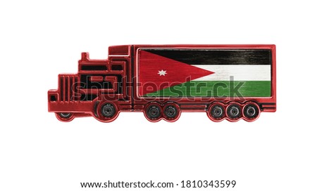 Toy truck with Jordan flag shown isolated on white background. The concept of cargo transportation between countries.