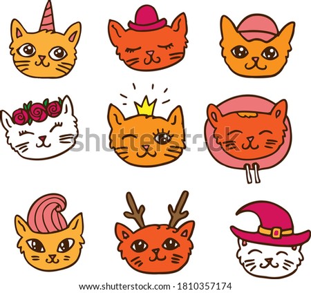 Vector colorful funny cat faces with different accessories. Unicorn horn, hat, cap, flower wreath, crown, hood, deer horns, hair isolated on white background