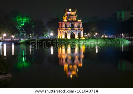 Turtle Tower at Night, Hoan Kiem Lake. Hanoi  Vietnam. 
