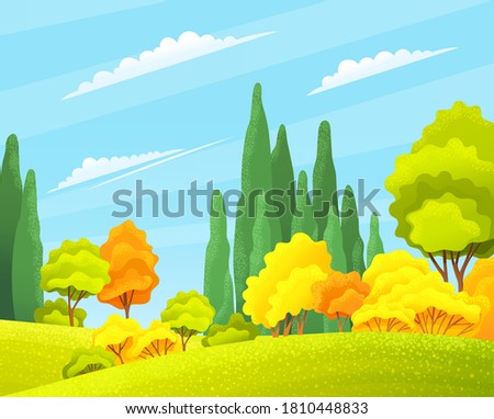 Autumn forest beautiful landscape with orange, yellow, green trees, bushes, grass, forest or wood, view at autumn scenery, beauty of day nature, background concept, nobody, colorful flat illustration