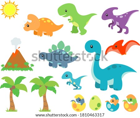 Cute Prehistoric Dinosaur and Background Elements Vector Illustration Set 