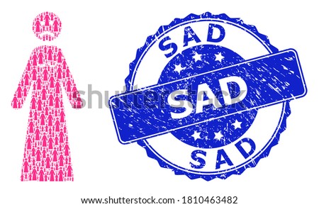 Sad rubber round stamp seal and vector recursive composition sad woman. Blue stamp seal has Sad tag inside round shape. Vector collage is formed from scattered sad woman icons.