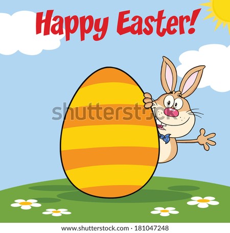 Happy Easter From Rabbit Cartoon Character Waving Behind Egg. Vector Illustration 