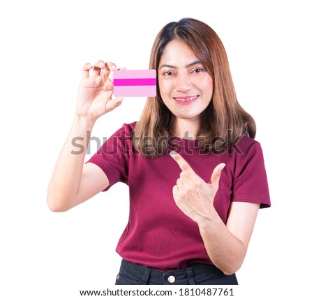 woman dental braces smile holding Pointing finger credit card. closeup on white background