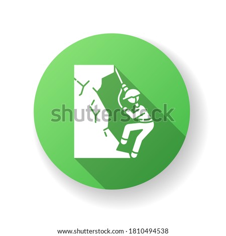 Mountaineering green flat design long shadow glyph icon. Extreme tourism activity, dangerous adventure vacation. Alpine climbing sport, mountains exploration. Silhouette RGB color illustration