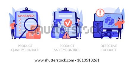 Product manufacturing abstract concept vector illustration set. Product quality and safety control, defective product testing, customer feedback, inspection, warranty certificate abstract metaphor. Royalty-Free Stock Photo #1810513261