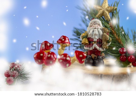 Flatley Christmas. Festive Christmas background. Christmas card background. Santa, Christmas tree and star. Snow. Copyspace