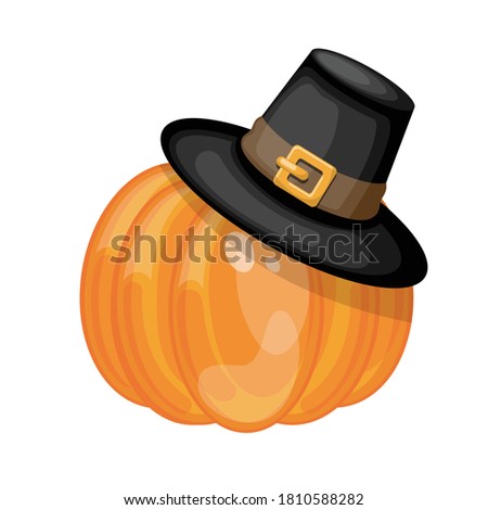 Cartoon pumpkin wearing Pilgrims hat. Cartoon vector illustration.