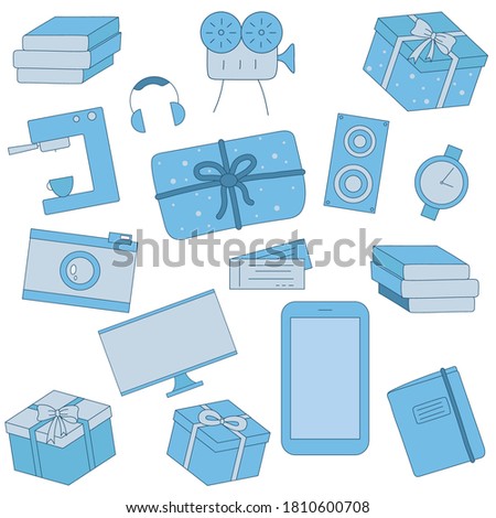 Set of presents, ideas of gifts with stack of books, video camera, gift box, alarm clock, coffee machine, pocket with bow and ribbons,tv, concert tickets, calendar, photo camera,mobile phone,subwoofer