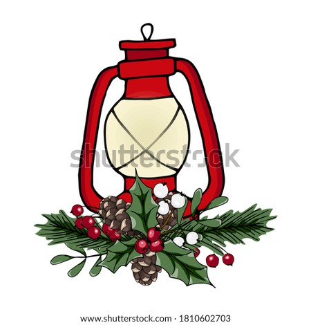 Christmas vector illustration. Lamp with red and white berries, fir cones, fir branches. Beautiful design for printing greeting card, invitation, poster, tag, label, gift decoration