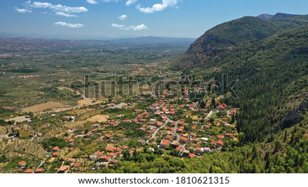 Aerial drone photo of new city of Mystras as seen from uphill, Sparta, Peloponnese, Greece