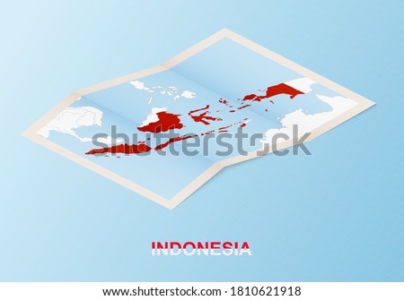 Folded paper map of Indonesia with neighboring countries in isometric style on blue vector background. Royalty-Free Stock Photo #1810621918