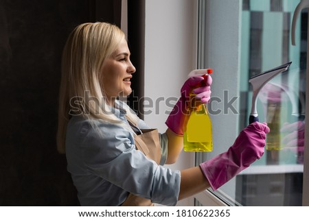 Young woman cleaning the window