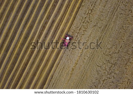 Harvest time, view of combine harvester from above on a yellow wheat field