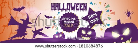Vector illustration of halloween sale banner with scary pumpkins, flying bats, witch and her broom in front of full moon, flat 50% off, limited offer, spooky night background, template for offer, sale