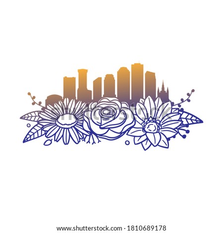 New Orleans Louisiana, Flowers with Vintage Skyline Design. Floral frame ornament vector style. Decoration Design Silhouette illustration.