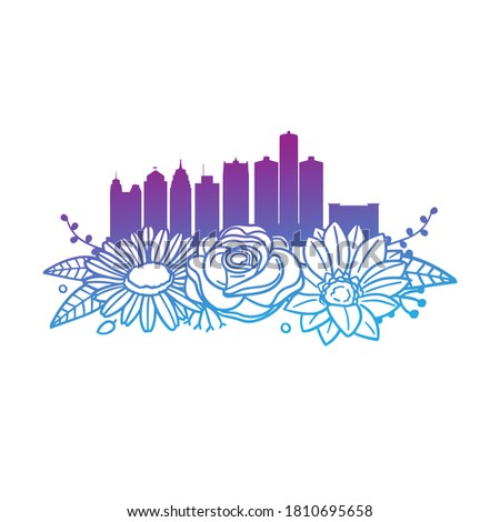 Detroit Michigan, Flowers with Vintage Skyline Design. Floral frame ornament vector style. Decoration Design Silhouette illustration.