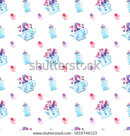 Bright watercolor flowers and tea pots seamless pattern. Lovely hand drawn wallpaper. Pink and purple background. 