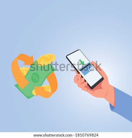 Hand hold phone, transfer money with credit card on digital payment.