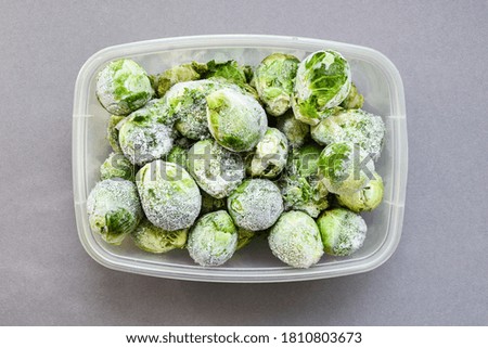 Frozen brussels sprouts in a plastic container for long-term storage. Deep freezing of vegetables. Frozen food vegetables on grey background. Copy space for text. Stocking up vegetables for winter