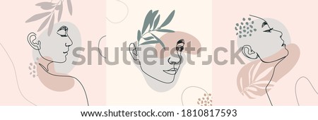 One Line Woman's Faces. Continuous line Female Portrait in Profile With Geometric Shapes and Floral Elements In a Modern Minimalist Style. Vector Illustration For Posters, t-shirts prints, avatars Royalty-Free Stock Photo #1810817593