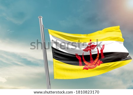 Brunei national flag cloth fabric waving on the sky with mast - Image