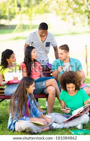 Group of university students studying on college campus