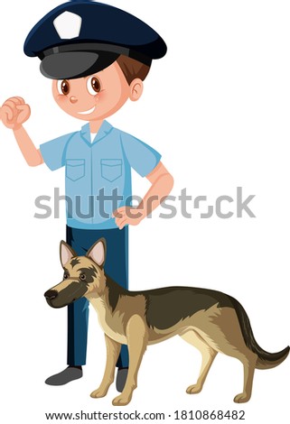 Policeman officer with german shepherd police dog on white background illustration