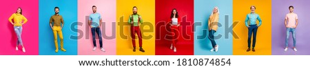 Full length photo collage amazing three ladies five guys hold hand pockets stylish youth cool wear multiple body view video call isolated different color pink red blue yellow purple background Royalty-Free Stock Photo #1810874854