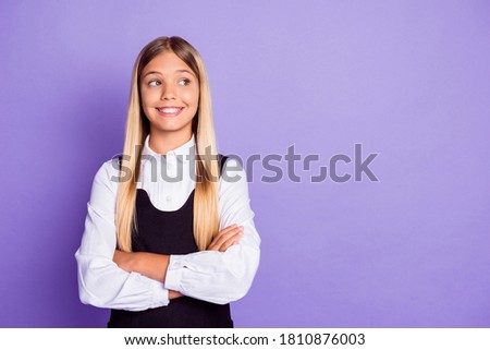 Portrait of her she nice attractive pretty cute curious cheerful long-haired girl folded arms copy empty blank place space isolated bright vivid shine vibrant lilac violet purple color background