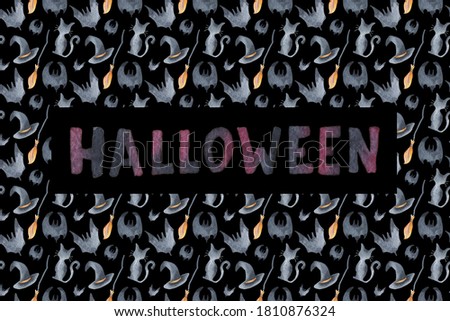 Seamless pattern of bat, cat, broom, hat for Happy Halloween. Hand drawn watercolour painting on black clip art graphic elements for creative design, printable decor, textiles, wrapping paper.