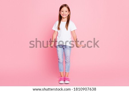 Full length photo of pretty kid girl enjoy summer weekend wear good look clothes isolated over pastel color background