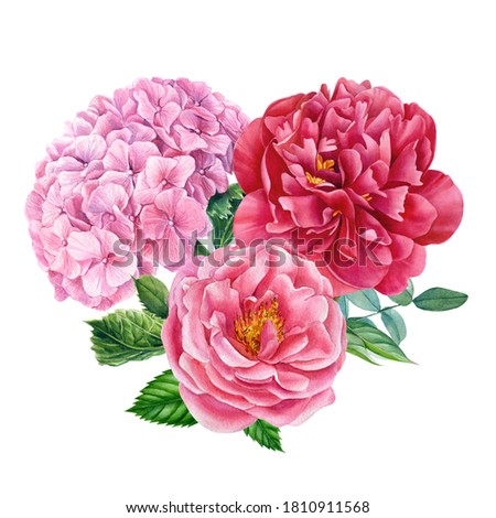 elegant watercolor flowers, bouquet of rose, peony, hydrangea