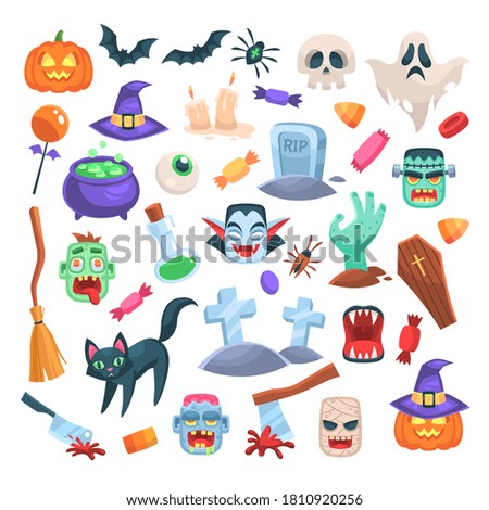 Halloween icons. Funny holiday candle, zombie, witch cauldron and broom, ax and spider, pumpkin in hat, spooky ghost, grave and bat, skull magic trick or treat party flat vector cartoon isolated set